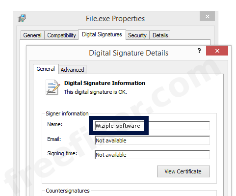 Screenshot of the Wiziple software certificate